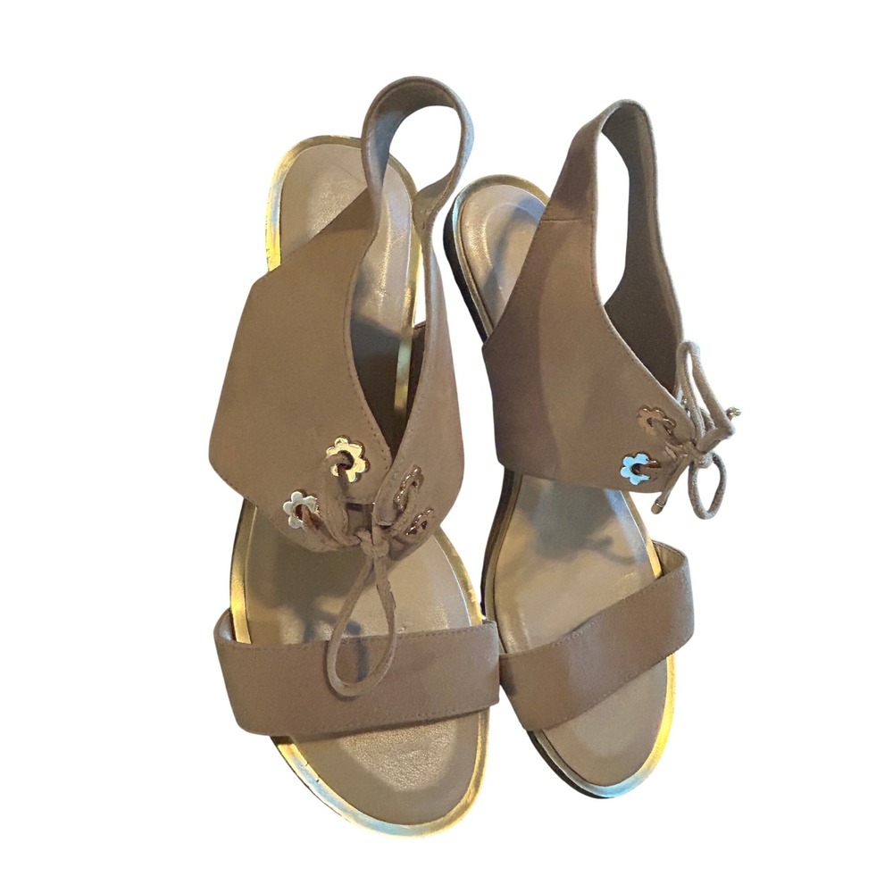 Michael‎ Kors Tan Suede Slingback Block Heel Sandals Lace Up Flower Eyelets Gold